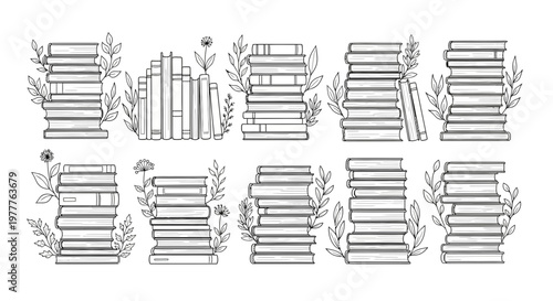 Stack of Books with Decorative Leaves - Vintage Sketch Style
