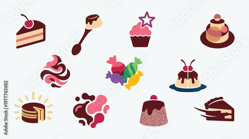 A collection of stylized, colorful illustrations of various desserts and sweets, including cakes, cupcakes, candies, and puddings.