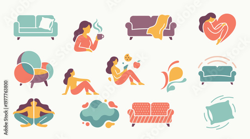 Collection of stylized icons representing relaxation, self-care, and cozy home activities, featuring sofas, armchairs, and people in peaceful poses.