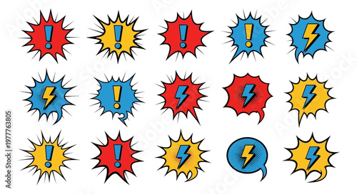 Explosion Comic Speech Bubbles with Lightning Bolt and Exclamation Mark