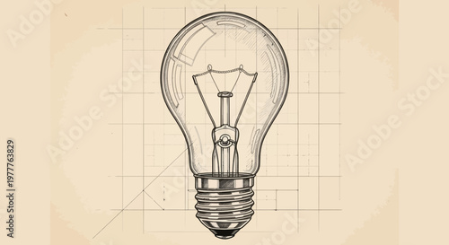 Vintage Light Bulb Blueprint Drawing - Idea, Innovation, and Creativity Concept