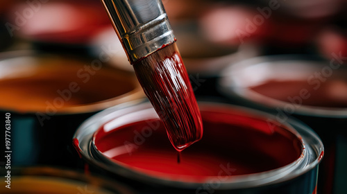 Close-up of a paintbrush dripping glossy paint over an open paint can with multiple paint cans blurred in background