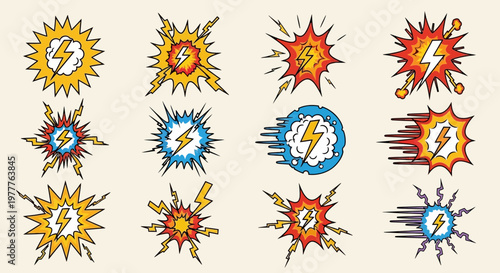 Retro Comic Book Explosions with Lightning Bolts and Stars