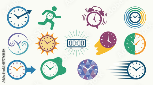A collection of diverse clock and time-related icons, illustrating concepts of timekeeping, speed, and urgency.