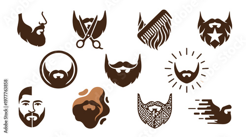 Collection of diverse beard styles and grooming icons, including scissors, combs, and various facial hair designs.