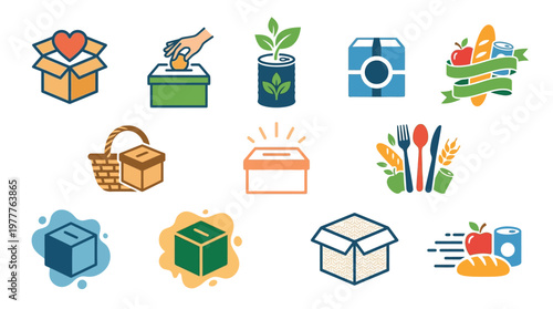 Collection of diverse icons representing charity, donation, and food assistance, including boxes, hands, plants, and food items.