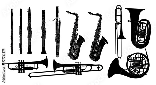 Silhouette Collection of Musical Instruments: Brass and Woodwinds