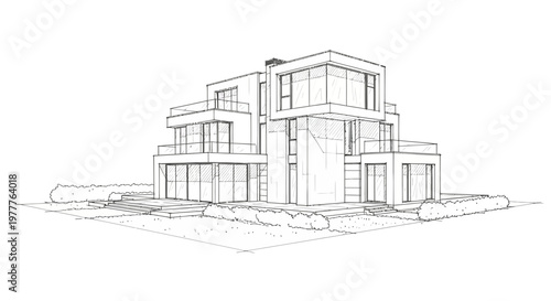 Modern Architectural Sketch of a Luxury House with Large Windows and Balconies