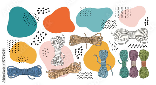 Hand-drawn yarn balls and twine spools with abstract shapes and dots, craft concept