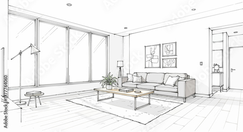 Modern Living Room Sketch: Spacious Interior Design with Large Windows and Sofa