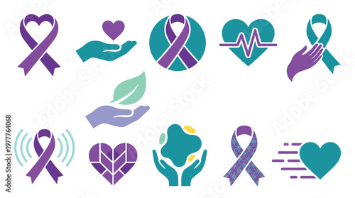 Collection of awareness ribbons and symbols representing health, support, and hope in purple and teal colors.