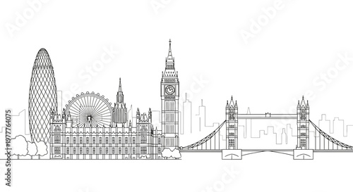 London Skyline Outline: Iconic Landmarks - Big Ben, Tower Bridge, Gherkin, Ferris Wheel