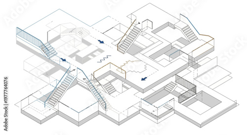 Isometric architectural blueprint of a complex multi-level building with stairs and pathways