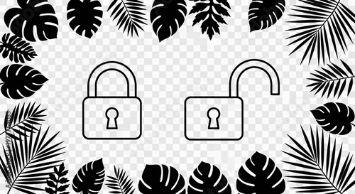 Open and closed padlock icons symbolizing security, privacy, and access, framed by tropical leaves.