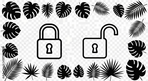 Open and Closed Padlock Icons Surrounded by Tropical Leaves on Transparent Background