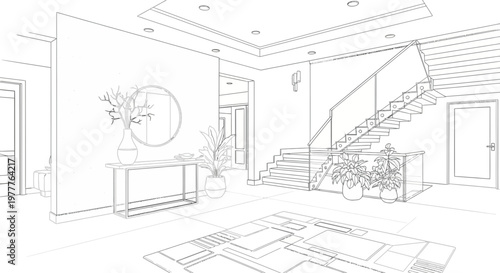 Modern house interior design sketch, staircase, entryway, minimalist blueprint style