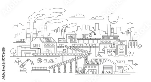 Modern factory line with robotic arms, conveyor belts, and smoke stacks