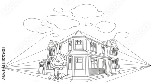 Two-point perspective drawing of a house with vanishing points on the horizon line
