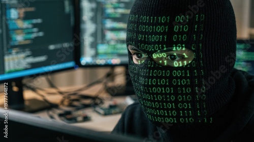 A focused hacker, masked and cloaked in darkness, studies lines of code illuminated on his screens, reflecting the world of cybersecurity and digital espionage.