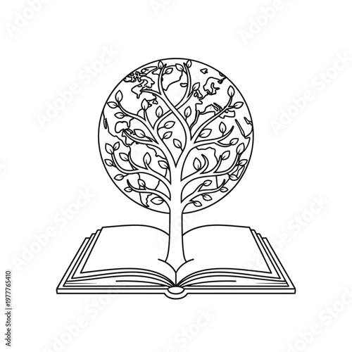 An open book sprouting a tree with a globe-like crown of branches and leaves. Black and white