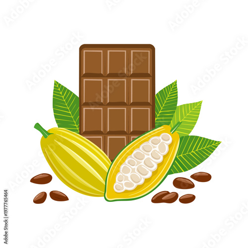 Chocolate Bar with Cocoa Pod and Beans – Natural Cacao Ingredient Vector Illustration.