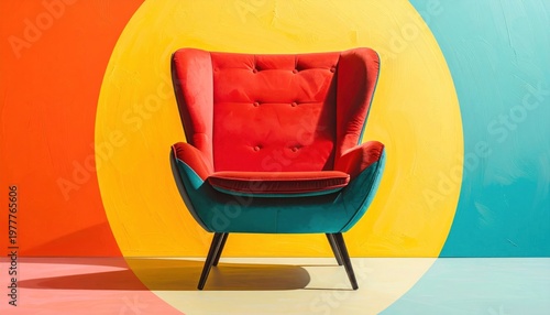 A retro armchair with a high back stands against a colorful wall backdrop