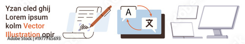 Language translation, remote work, content creation, digital workflow, text editing, online learning. Paper with writing, translation symbols on a laptop screen and computer monitors. Language