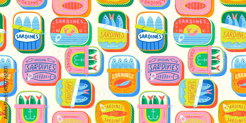 Funny hand drawn canned fish cartoon seamless pattern. Colorful tinned sardines sea food background illustration. Sardine can drawing surface print.