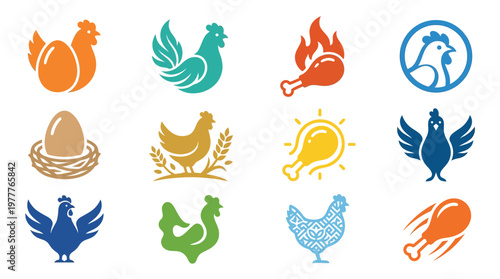 Collection of stylized chicken and egg icons, representing various aspects of poultry farming and food.