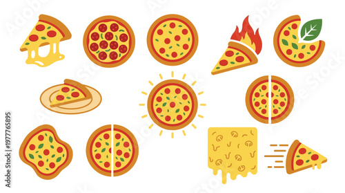 A vibrant collection of diverse pizza illustrations, showcasing various slices, whole pizzas, and creative representations of this beloved Italian dish.