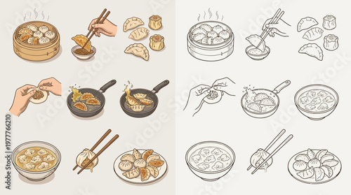 Detailed step-by-step illustrations showing the process of making, cooking, and eating various types of delicious Asian dumplings, including steaming and frying methods.
