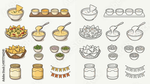 Collection of colorful and outline illustrations featuring nachos, cheese dip, tortilla chips, and various toppings, along with jars and decorative bunting.