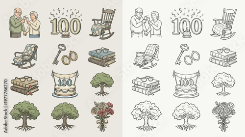 Collection of vintage-style icons depicting themes of longevity, centennial celebrations, and the journey of life.