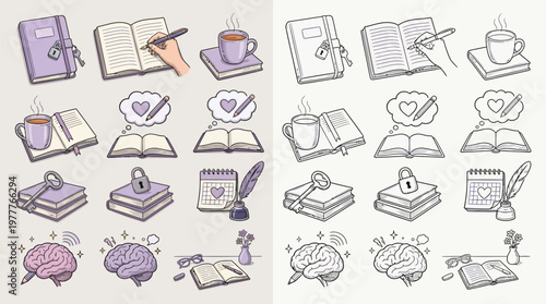 A comprehensive collection of icons illustrating journaling, writing, reading, and various aspects of mental activity and creativity.