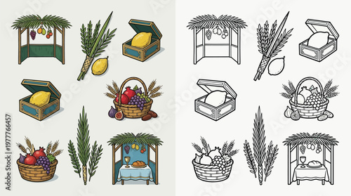 Sukkot holiday elements with Sukkah, Lulav, Etrog, and fruit baskets in color and black-and-white illustrations.