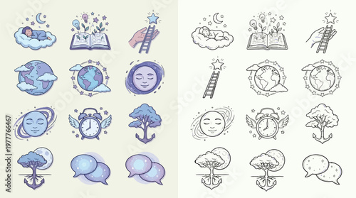 A collection of detailed hand-drawn icons representing dreams, imagination, nature, and communication concepts.