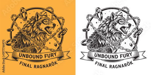 Fotografía Fenrir Wolf Breaking Chains Logo, Norse Mythology Unbound Fury Final Ragnarok Em