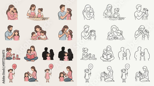 Collection of heartwarming illustrations depicting family moments and parent-child bonding in two distinct styles, including hugs, play, and daily activities.