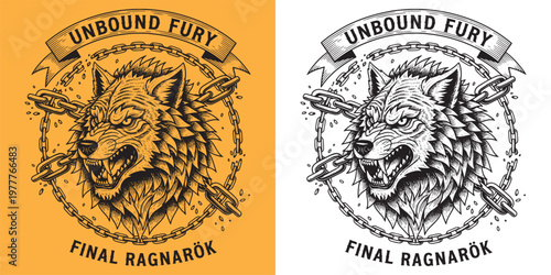 Fotografie Angry Wolf Head in Broken Chains, Unbound Fury Final Ragnarok Viking Badge