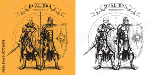 Two Medieval Knights with Shields, Dual Era Timebound Clan Warrior Emblem