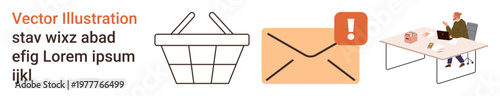 E-commerce, messaging, notifications, office work, digital communication, workplace setup. Shopping basket, envelope with alert person working at desk. E-commerce and messaging context