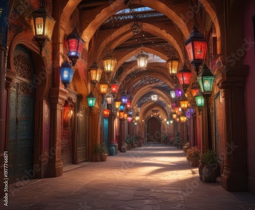 Lanterns hang from arches of vibrant Moroccan market stalls,  arches,  market stalls
