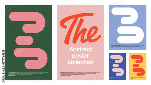 Collection of abstract posters featuring bold pink and white organic shapes on green, pink, and blue backgrounds keywords