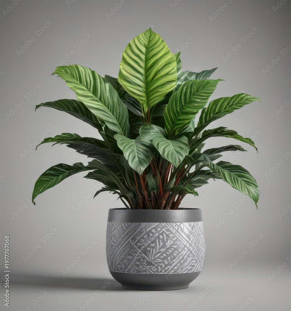 Fototapeta premium Low-lit calathea plant in minimalist gray ceramic pot with lush green leaves and intricate patterns, isolated on white background , botanical, still life