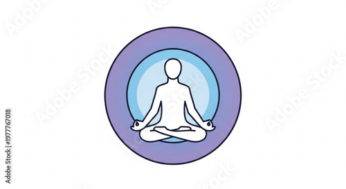 Person meditating in lotus position within a purple circle symbolizing relaxation and mindfulness in a serene environment with blue background
