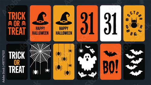 Collection of halloween themed with trick or treat, spiders, ghosts, and bats keywords: halloween, trick or treat, happy