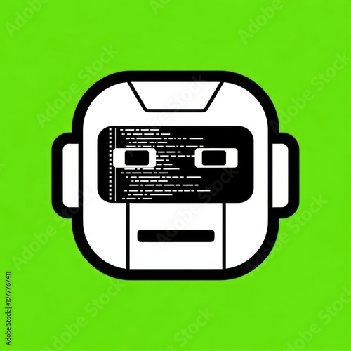 A stylized white robot head with a screen for a face, set against a bright green backdrop