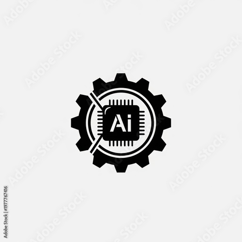 A black cogwheel surrounds a circular electronic chip with the letters 
