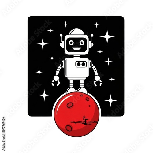Cartoon robot figure on planet, set against starry cosmos background