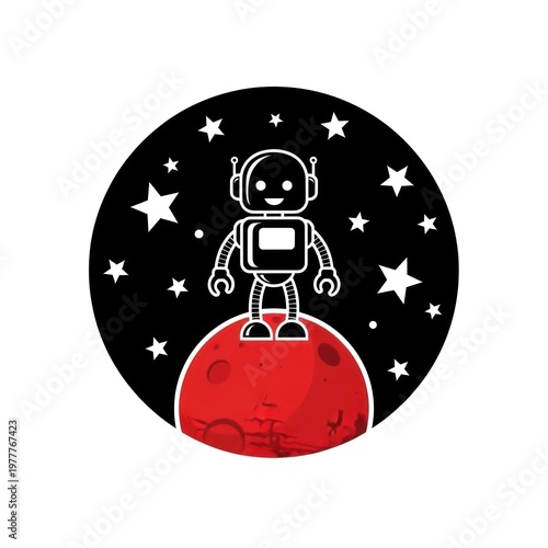 A robotic figure stands atop a red planetary body within a starry black circle